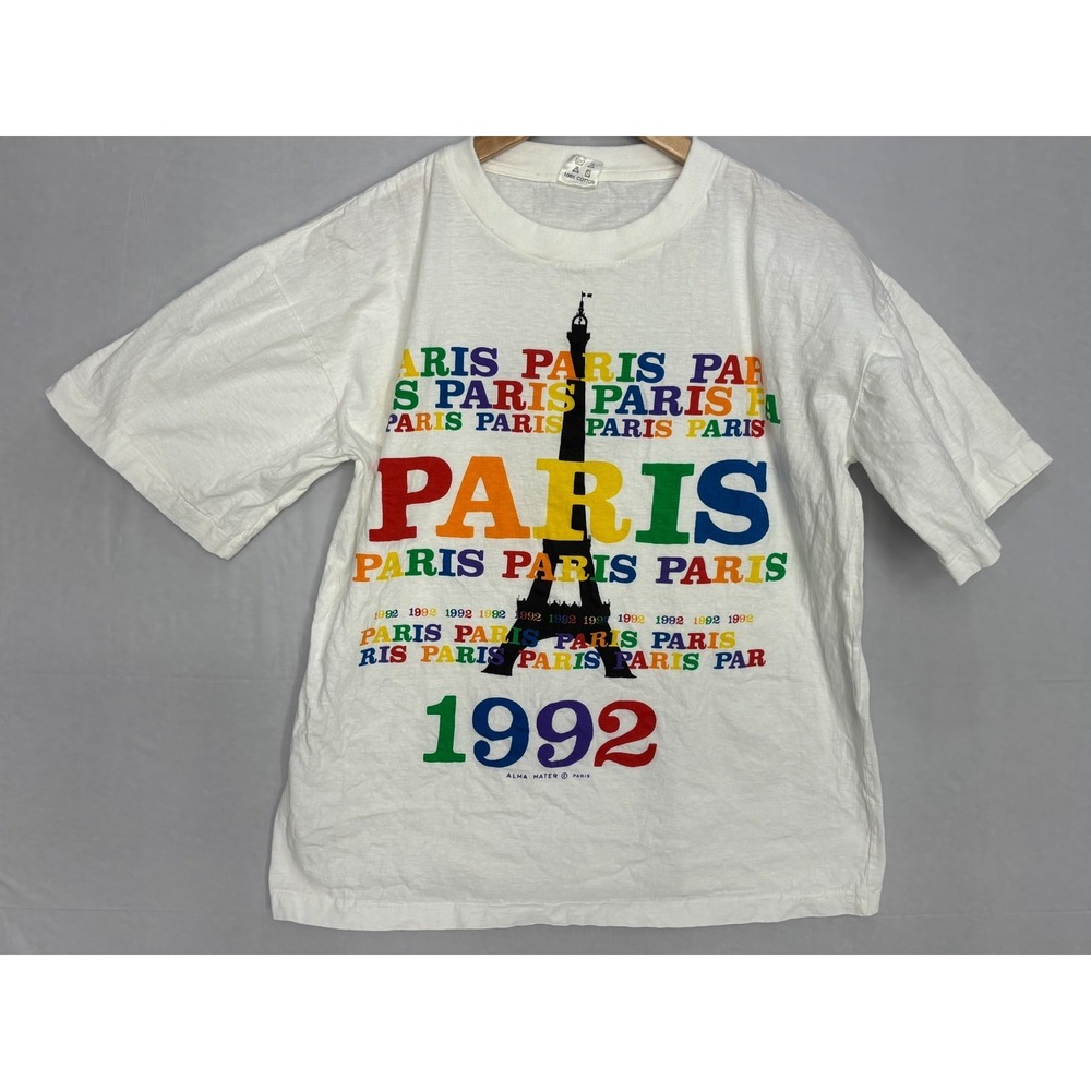 Paris Eiffel Tower 1992‎ Shirt Mens White Short Sleeve Vintage Alma Mater Medium